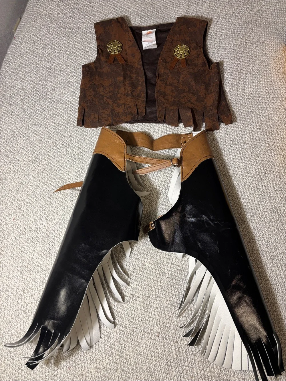 Kids Black & Tan Chaps and Brown Western Fringe Vest Costume Set
